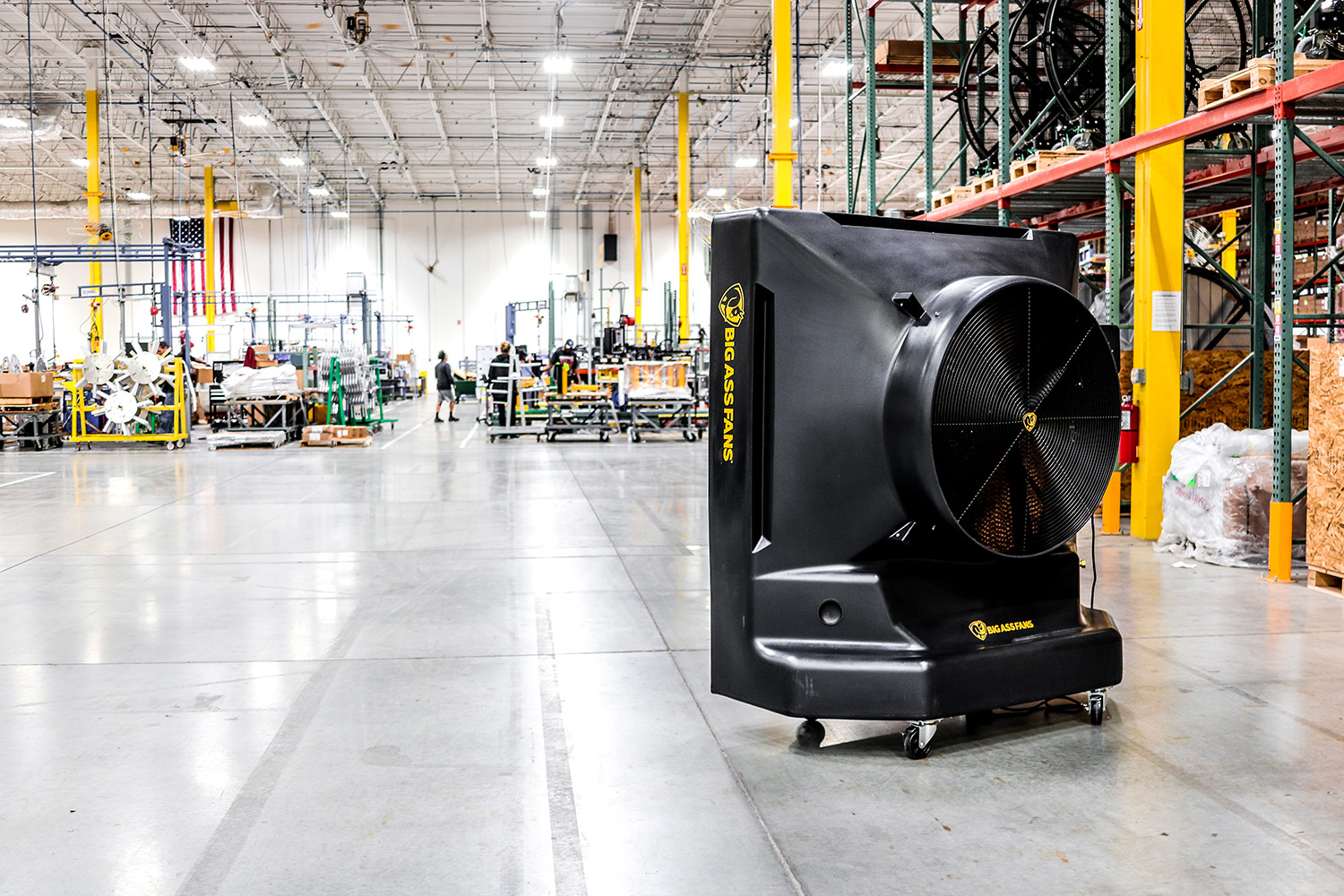 Big Ass Fans evaporative cooler in a large industrial warehouse